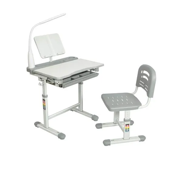 Diroan Kids Functional Desk and Chair Set, Height Adjustable Children School Study Desk with Tilt Desktop, Bookstand, LED Light, Metal Hook and Storage Drawer for Boys Girls, Grey