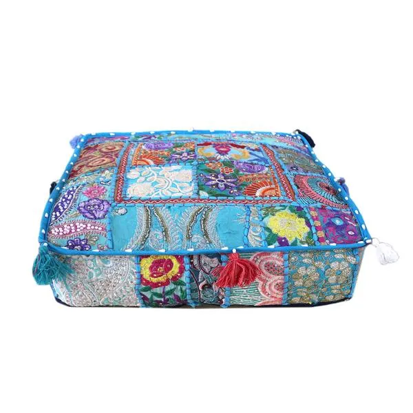 CRAFT KALA Indian Square Patchwork Traditional Pouf Cover Indian Living Room Poufs Decorative Embroidered Designer Ottoman Home Living Footstool Chair Cover Ottoman Decor (Sky Blue, 18x18x5 Inches)