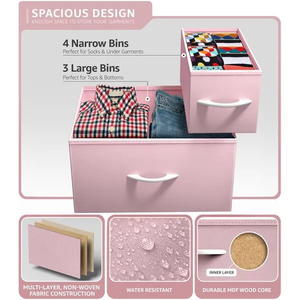 Sorbus Dresser with 7 Drawers - Furniture Storage Chest for Kid’s, Teens, Bedroom, Nursery, Playroom, Clothes, Toys - Steel Frame, Wood Top, Tie-dye Fabric Bins (7-Drawer, Pastel Pink)