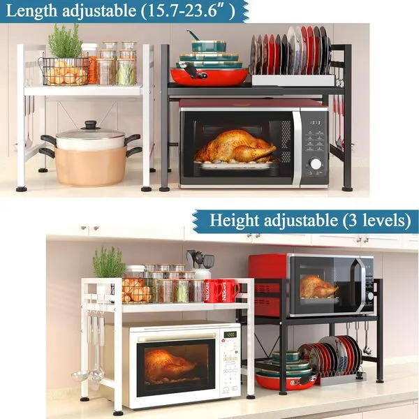 PUSDON Extendable Microwave Oven Rack, Adjustable Microwave/Toaster Shelf Heavy Duty Stand Kitchen Counter Top Organizer, 2 Tier with 3 Hooks, 160lbs Weight Capacity, Black