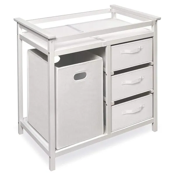 Badger Basket Modern Baby Changing Table with Laundry Hamper, 3 Storage Drawers and Pad, Diaper Change Station - Fresh White/White