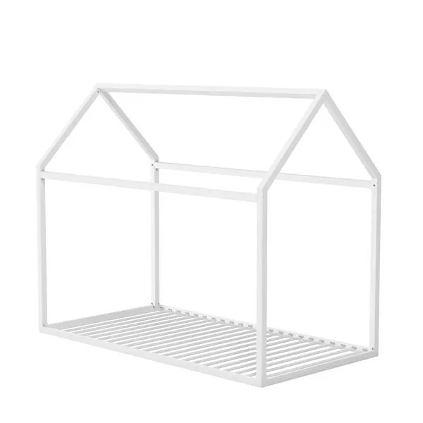 Little Seeds Skyler Montessori-Style House Floor Bed Frame for Kids and Toddlers, Metal Canopy Frame, No Box Spring Required, Twin, Off White