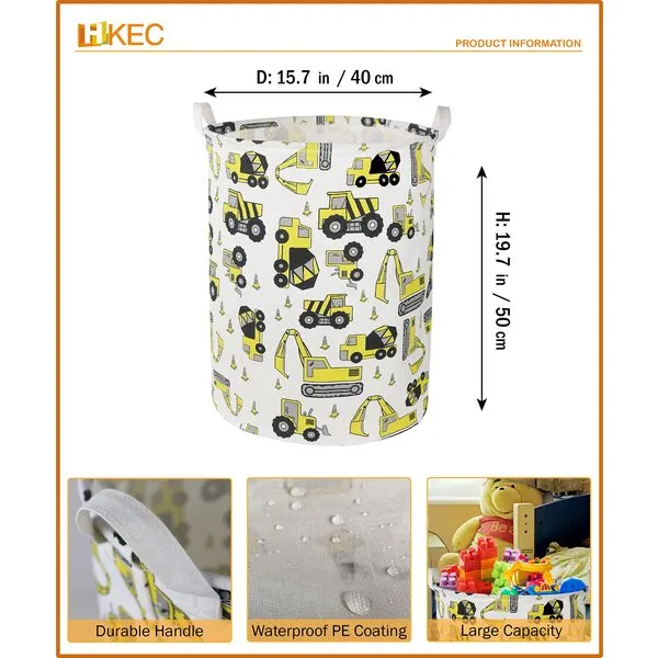 HKEC Round Laundry Basket,Kids Dirty Clothes Laundry Hamper for Boys, Toys Construction Storage Basket for Playroom,Gift Baskets,Baby Nursery Hamper, Room Decor(Yellow Excavator)