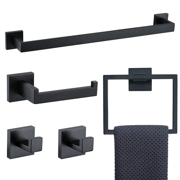 TNOMS 5 Pieces Bathroom Hardware Accessories Set Black Towel Bar Set Towel Holder Racks Set for Bathroom,SUS304 Stainless Steel,Wall Mounted 23.6-Inch