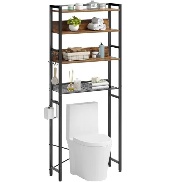 Rolanstar Over The Toilet Storage, 4-Tier Wooden Bathroom Space Saver with Hooks, Freestanding Bathroom Organizer, Multifunctional Over The Toilet Storage Rack, Bathroom Toilet Rack, Rustic Brown