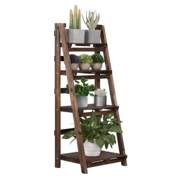 Yaheetech Foldable Ladder Shelves, Decorative Wall-Leaning Home Office Storage Rack Shelves, Display Shelving for Livingroom Bedroom Balcony, Fir Wood Brown, Simple Assembly 4 Tier