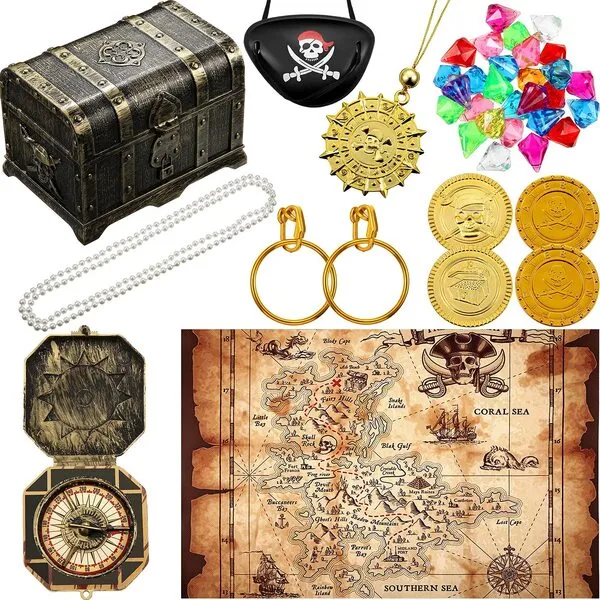 89 Pieces Pirate Treasure Chest Toy Kit Vintage Pirate Treasure Chest Pirate Eye Patch Gold Earrings Gold Coin Gems Plastic Toy Compass Pirate Map for Cosplay Themed Party Favors (Creative Style)