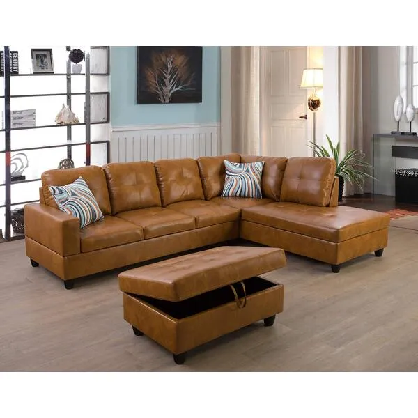 A Ainehome L-Shape Sectional Sofa Set, Ginger, Right Hand Facing, Tufted Leather, Storage Ottoman, Toss Pillows