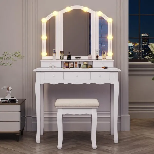 Tiptiper Vanity Table Set with Lighted Tri-Folding Mirror, Makeup Vanity with Lights & 3 Color Lighting Modes, Vanity Desk with Mirror and Cushioned Stool, Makeup Table with 5 Drawers, White