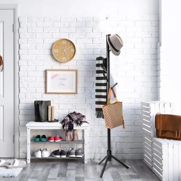 ZOBER Coat Rack Free Standing - Wooden Coat Tree W/ 6 Hooks - Coats, Purses, Hats - Adjustable Sizes, Easy Assembly - Black
