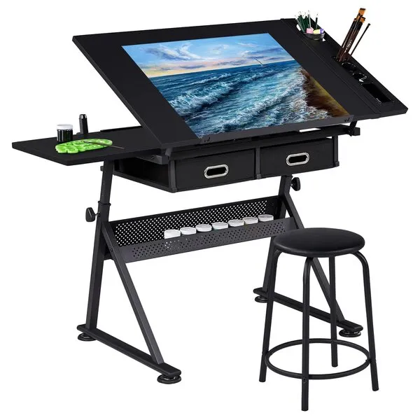 Topeakmart Drafting Table for Artists, Height Adjustable Drawing Draft Desk, Tiltable Tabletop, Art Craft Work Station with Extra Board for Diamond Painting Sewing Graphic Designere