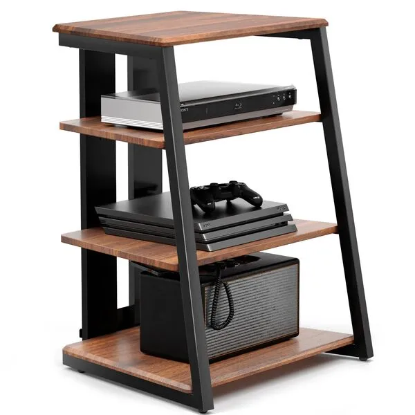FITUEYES Design 4-Tier AV Media Stand Corner Shelf for Record Player Wooden Stereo Cabinet Audio Rack Tower with Height Adjustable Wooden Shelves for/Apple TV/Xbox One/ps4 (Walnut)