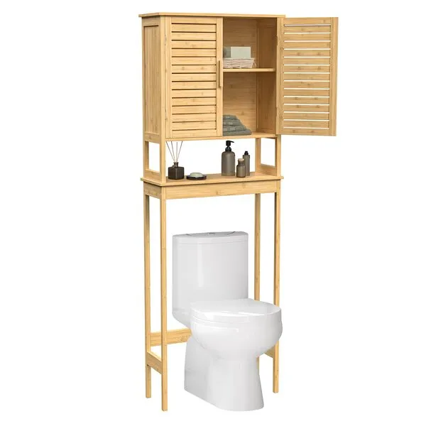 SONGMICS Over The Toilet Storage Cabinet, Bathroom Cabinet with Adjustable Inside Shelf and Bottom Stabilizer Bar, Space-Saving Toilet Rack, Natural Beige UBTS010N01