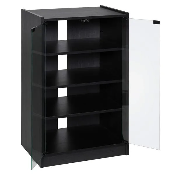 HOMCOM Media Cabinet, 4-Tier Stereo Cabinet, Modern Audio Video Media Stand with Adjustable Shelves, Tempered Glass Doors, and Cable Management, Distressed Black