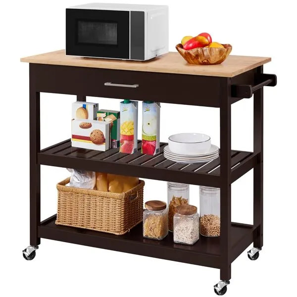 Yaheetech Kitchen Island on Wheels with Bamboo Tabletop, 3-Tier Rolling Kitchen Cart Microwave Oven Cart Serving Trolley with Drawer and Wine Storage Shelf, 20