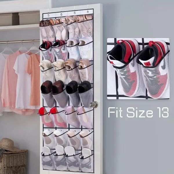 AOODA 28 Large Mesh Pockets Over The Door Shoe Rack, Hanging Shoe Organizer for Closet Hanging Shoe Rack Holder Hanger, White