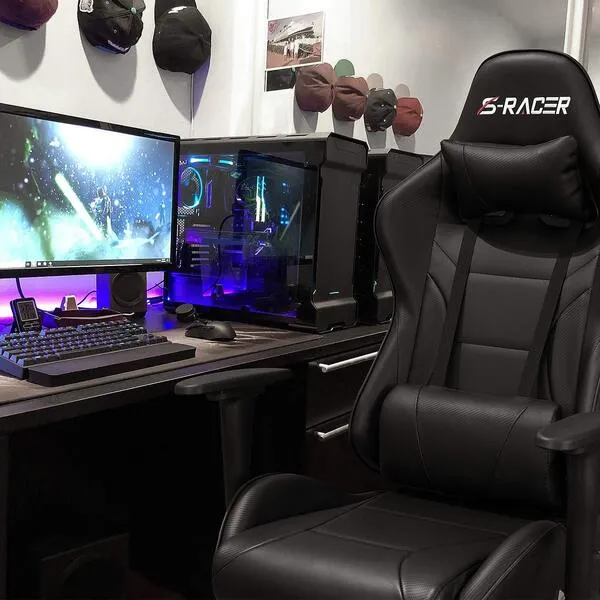 Homall Gaming Chair Computer Office High Back Leather Gamer Desk Chair Ergonomic Adjustable Swivel Racing Chair with Headrest and Lumbar Support (Black)