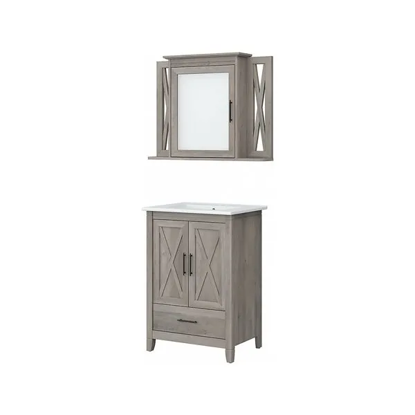 Bush Furniture Key West Bathroom Vanity Sink with Mirror, 24W, Driftwood Gray