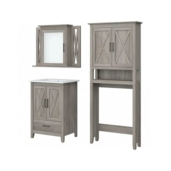 Bush Furniture Key West Bathroom Vanity Sink with Mirror and Over The Toilet Storage Cabinet, 24W, Driftwood Gray
