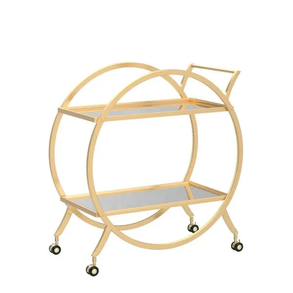 HEONITURE Bar Cart with 2 Mirrored Shelves, Modern Metal Bar Serving Cart, Gold Round Bar Carts for The Home/Kitchen/Club/Living Room, Rolling Wheeled Design (28.34\'\'14.96\'\'30.7\'\')