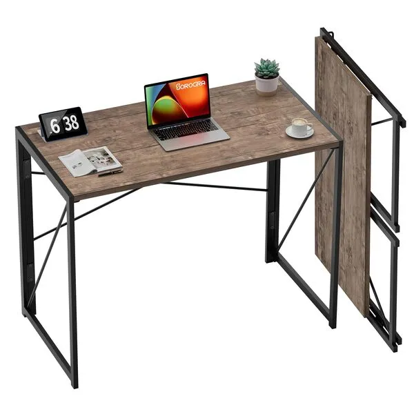 Coavas Folding Desk No Assembly Required, 31.5 inch Writing Computer Desk Space Saving Foldable Table Simple Home Office Desk,Brown