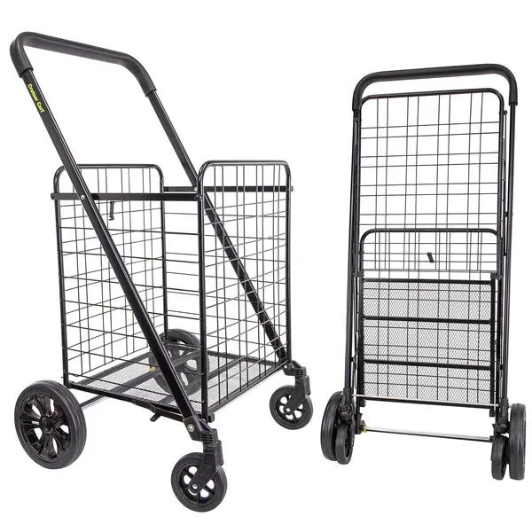 dbest products Cruiser Cart Deluxe 2 Shopping Grocery Rolling Folding Laundry Basket on Wheels Foldable Utility Trolley Compact Lightweight Collapsible, Black