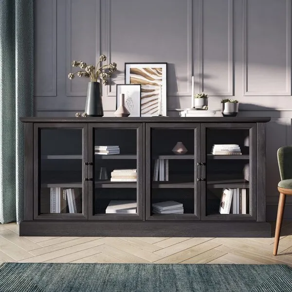 BELLEZE 70 Inch Sideboard Buffet Cabinet, Entertainment Center with Storage, Glass Display Cabinet with Adjustable Shelves Console Table Storage Cabinet for Living Room, Dining Room, Rustic Gray