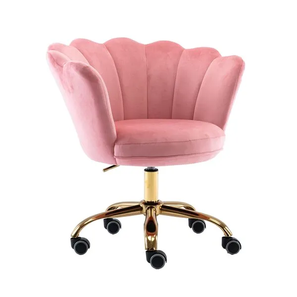 ZOBIDO Comfy Home Office Task Chair with Wheels, Cute Modern Upholstered Velvet Seashell Back Adjustable Swivel Vanity Desk Chair, for Women, for Girls, Living Room(Peach Pink)