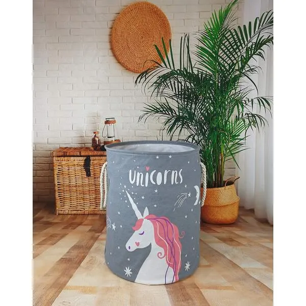 VAIVUSTO Girls Laundry Basket Waterproof Canvas Large Clothes Organizer Kids Toy Storage Baby Hamper with Rope Handles Cute Nursery Bins for Bedroom Room Decor (Gray Unicorn)