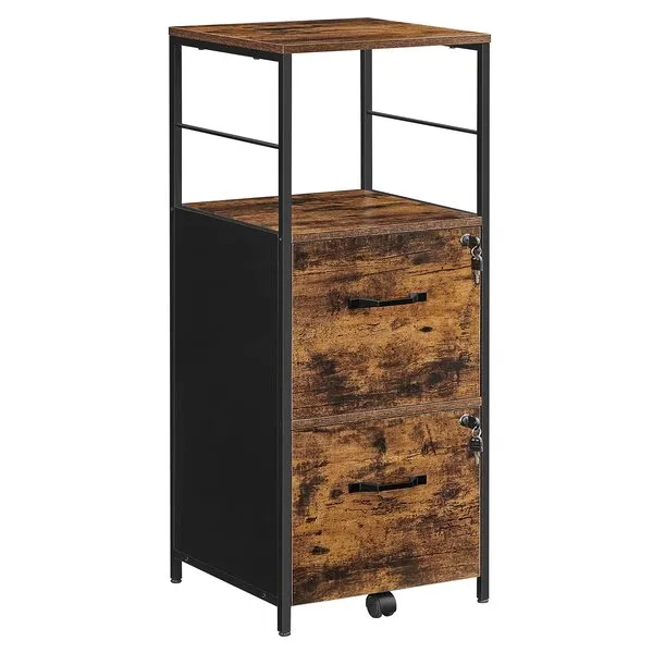 VASAGLE File Cabinet for Home Office, 2-Drawer Filing Cabinet with Lock, Open Shelf, Printer Stand, for A4 and Letter Sized Files, Adjustable Feet, Industrial, Rustic Brown and Black UOFC045B01