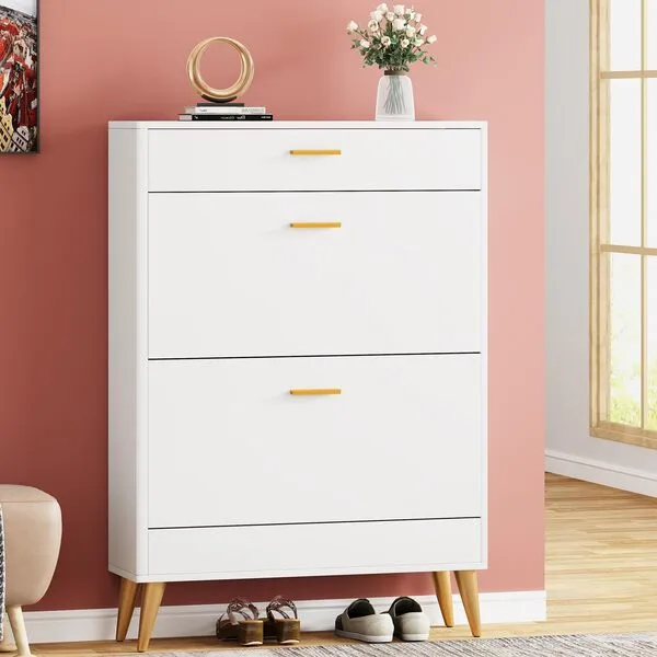 Tribesigns Shoe Cabinet, White Shoe Storage Cabinet with 2 Flip Doors and Drawer, Modern Narrow Shoe Organizer Rack for Entryway, Closet (White)