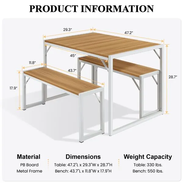 SHA CERLIN 3-Piece Dining Table Set with 2 Benches, Rustic Kitchen Table Set for 4-6, Space-Saving Dinette, Sturdy Structure, Easy Assemble, Maple/White