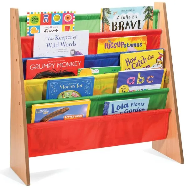 Sagler Toddler Book Shelf Organizer - Wooden Kids Book Case Storage & Magazine Rack with 5 Multicolored Nylon Fabric Shelves - Easy-to-Reach Kids Bookshelf for Nursery, Bedroom, Playroom, Classroom