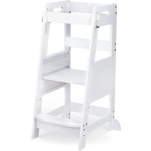 TOETOL Bamboo Toddler Kitchen Step Stool White Helper Standing Tower Height Adjustable with Anti-Slip Protection for Kids Kitchen Counter Learning