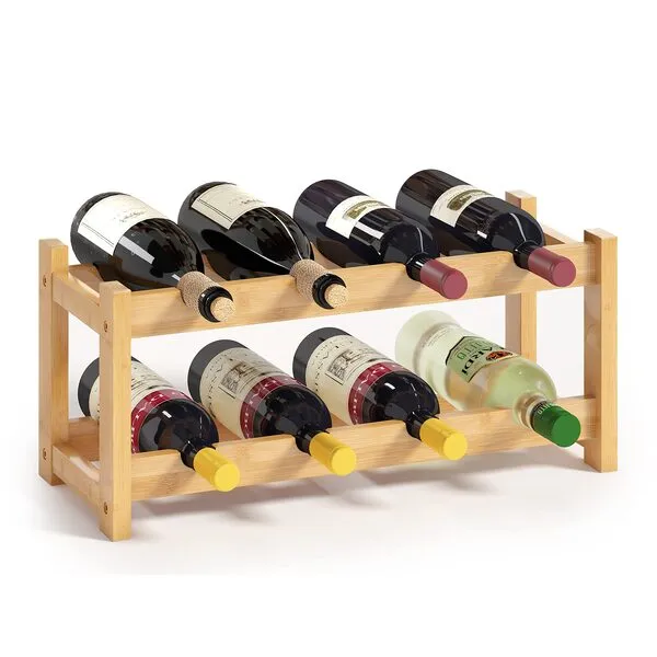 BAMEOS Wine Rack Freestanding 8 Bottle 2 Tier Bamboo Wine Racks Countertop Cabinet Wine Holder Wine Storage Shelf for Kitchen, Bar, Pantry, Wine Cellar, Basement, Countertop (16.85 L x 9.25W x 7H)