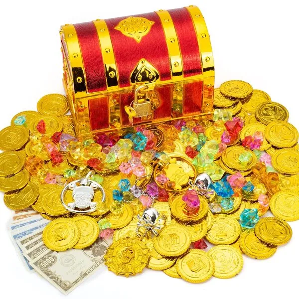 Pemalin Kids Pirate Chest Toy Box,Golden Red Treasure Chest with Lock and Keys,Gems,Gold Pirate Coins,Pirate Badge,Chains,Rings,Skull Earrings for Kids' Party Favor Sets