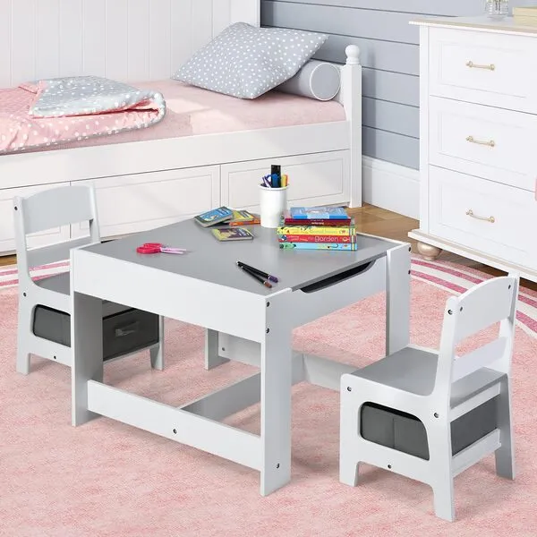 Costzon Kids Table and Chair Set, 3 in 1 Wooden Activity Table for Toddlers Arts, Crafts, Drawing, Reading, Playroom, Toddler Table and Chair Set w/ 2 in 1 Tabletop, Storage Space, Gift for Boy & Girl