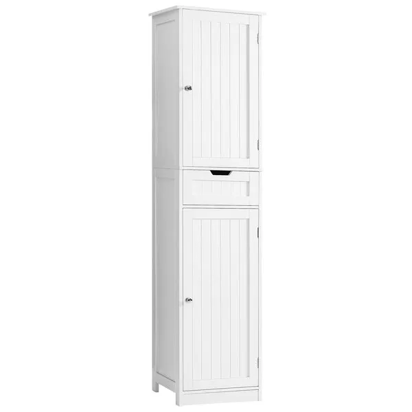Iwell Tall Bathroom Cabinet, Storage Cabinet with 2 Doors & 1 Drawer, Freestanding Linen Cabinet with Adjustable Shelves, Floor Cabinet for Bathroom, Living Room, Home Office, White