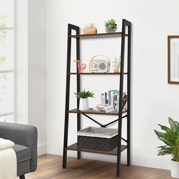 thksbought 4 Tier Ladder Shelf,Bookshelf,Kitchen Shelf,Plant Flower Stand Storage Rack,Multi Function Shelf with Stable Metal Shelf (Brown)