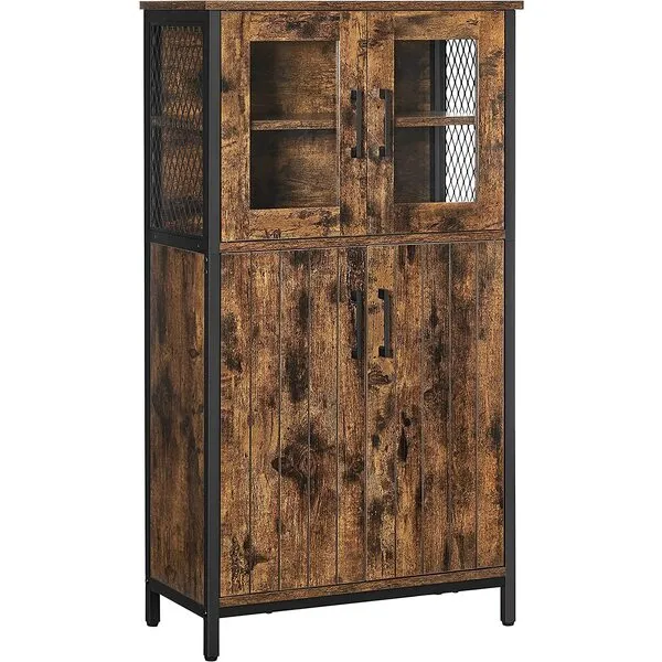VASAGLE Pantry, Storage Cabinet with Door and Adjustable Shelf, for Living Room Kitchen, Industrial Style, Rustic Brown and Black ULSC260B01