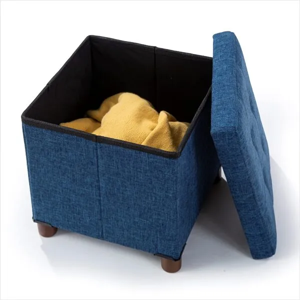 15 Inches Storage Ottoman with Wooden Legs Cube Foot Rest Stool, Square Footstool Storage, Ottoman with Storage for Living Room, Foldable Fabric Ottoman, Comfortable Seat with Lid, Space-Saving Navy