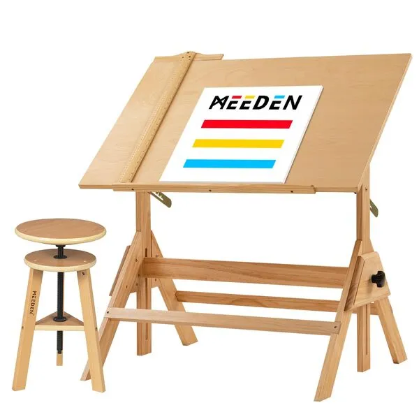 MEEDEN Wood Drafting Table & Stool Set,Artist Stool and Craft Table with Adjustable Height,Tiltable Tabletop for Artwork, Graphic Design, Reading, Writing