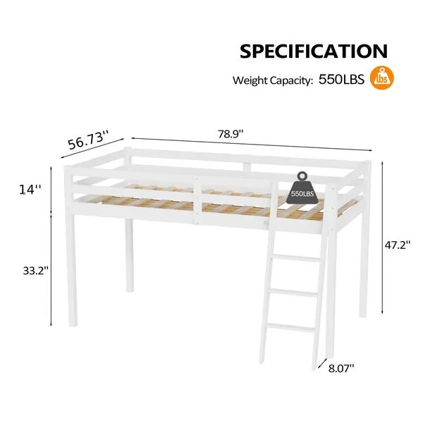 VINGLI Junior Low Loft Bed with Stairs, White Wood Loft Bed Full Size for Adults, Kids and Young Teens, No Box Spring Required,Wood Slat Support