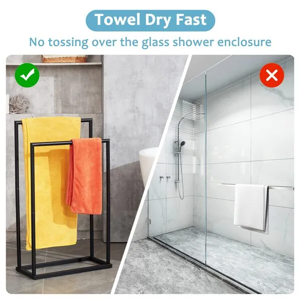 Free Standing Towel Rack, 2 Tier Towel Racks for Bathroom with Storage Shelves, Modern Outdoor Standing Towel Drying Rack for Poolside, Black Blanket Rack Holder, DECLUTTR