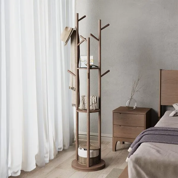 KungFuWood Rotary Coat Rack, Wooden Coat Rack Freestanding with 3 Shelves and 9 Hooks, Coat Tree, Sturdy and Easy Assembly Coat Rack Stand for Entryway,Hallway,Bedroom,Coats,Bags,Hats (Walnut)