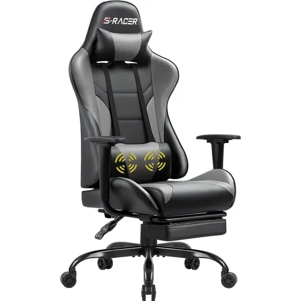 Homall Gaming Chair Massage Computer Office Chair Ergonomic Desk Chair with Footrest Racing Executive Swivel Chair Adjustable Rolling Task Chair (Light Grey)