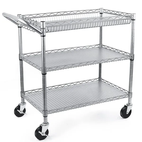 WDT Heavy Duty 3 Tier Utility Cart,990Lbs Capacity Wire Rolling Cart with Wheels, Commercial Grade Service Cart with Shelving Liners and Handle Bar Metal Carts for Kitchen Office Hardware, NSF Listed