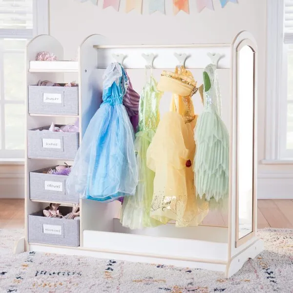 Guidecraft EdQ Dress-up Storage with Bins White: Dresser with Mirror and Safe Hooks, Storage Armoire for Kids - Costume Organizer, Children Playroom Furniture