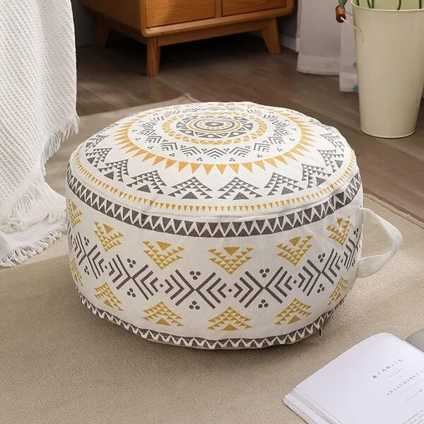 MOCOFO Unstuffed Round Pouf Covers Boho Colorful Geometric Ottoman Pouf Cover with Handle Design,Decoration Footstool for Living Room,Bedroom,Patio (Yellow,18x18x8)