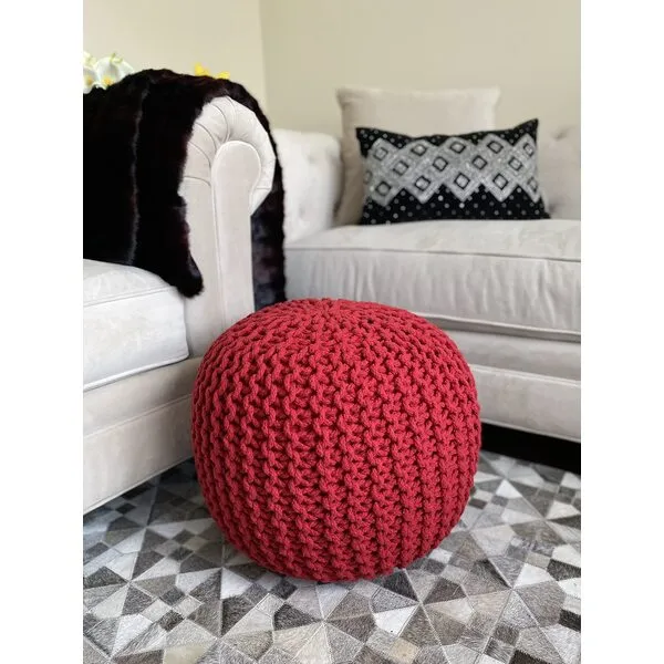 NOORI Home - 100% Handmade & Handcrafted Premium Cotton Round Knitted Cable Style Pouf Foot Stool Ottoman Bean Bag Floor Chair - for The Living Room, Bedroom and Kids Room - Red